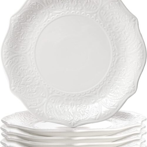 SOUJOY Set of 6 Porcelain Dinner Plate, 10.5'' White Dinner Dish, Embossed Printing Dinnerware Plate for Dinner, Restaurant, Family Party and Kitchen, Microwave, Dishwasher Safe
