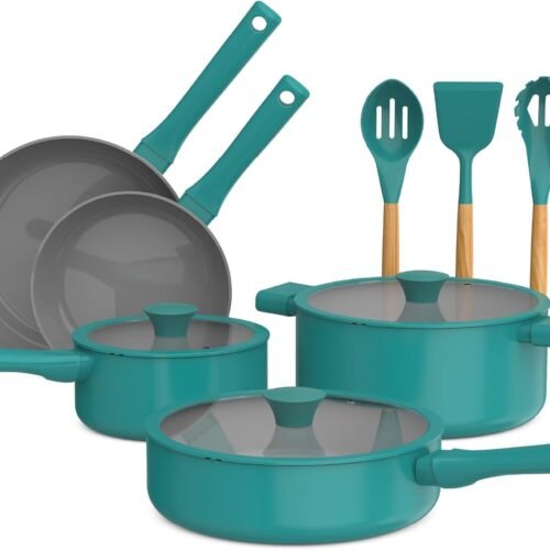 So Yummy by bella 12 Piece Cookware Set w EverGood™ Ceramic Nonstick Coating​ and Silicone & Wood Utensils, Dishwasher Safe Silicone & Glass Lids, Oven Safe & All Stovetop Compatible, Moonstruck
