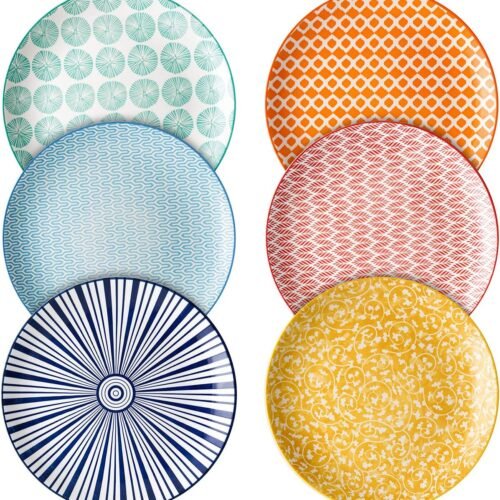 Selamica 10 inch Porcelain Dinner Plates, Large Size Serving Plate for Salad, Pancakes, Steak, Set of 6, Assorted Colors