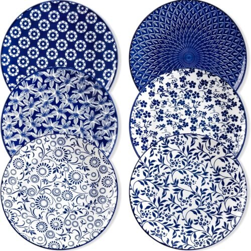 vancasso Ceramic Dinner Plates Set of 6, Large Vintage Plates 10.25 Inch Set of 6 for Kitchen, Porcelain Blue and White Plates for Kitchen, Microwave Oven Dishwasher Safe, Vintage Gift, Blue